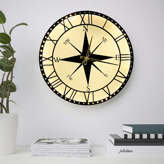 COMPASS CLOCK METAL WALL ART WITH LED